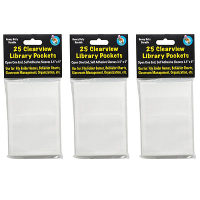 Clear View Self-Adhesive Library Pocket 3.5" x 5", 25 Per Pack, 3 Packs