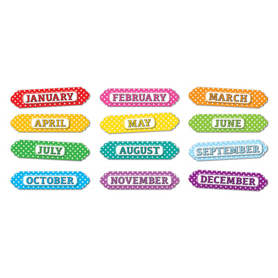Magnetic Die-Cut Timesavers & Labels, Months of the Year, White Polka Dots On Assorted Colors, 12 Per Pack, 3 Packs