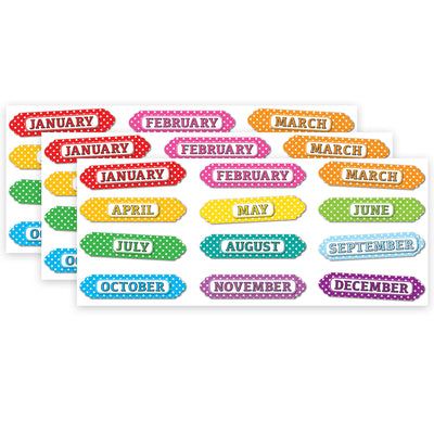 Magnetic Die-Cut Timesavers & Labels, Months of the Year, White Polka Dots On Assorted Colors, 12 Per Pack, 3 Packs