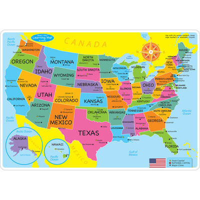 Smart Poly™ Learning Mats, 12" x 17", Double-Sided, U.S. Basic Map, Pack of 10