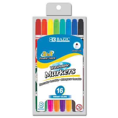 Washable Markers, Double-Tip, 16 Colors, 8 Per Pack, 12 Packs