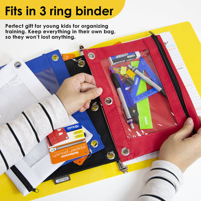 3-Ring Pencil Pouch with Clear Window, Assorted, Pack of 12
