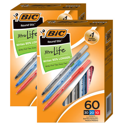 Round Stic® Xtra Life Ballpoint Pen, Medium Point (1.0mm), Assorted, 60 Per Box, 2 Boxes
