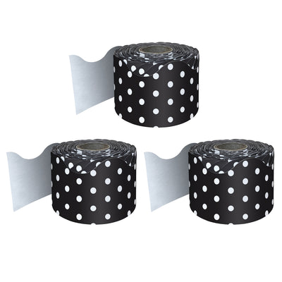 Black with White Polka Dots Rolled Scalloped Border, 65 Feet Per Roll, Pack of 3