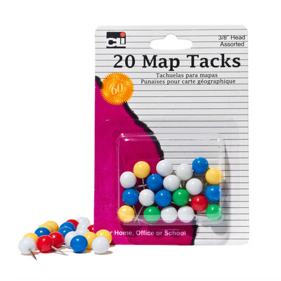 Map Tacks, 3-8 Inch Head, Assorted Colors, 20 Per Pack, 12 Packs