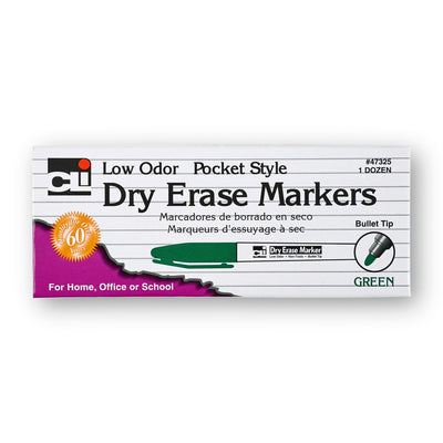Dry Erase Markers, Low Odor, Pocket Style, Bullet Tip, Green, 12 Per Box, 3 Boxes
