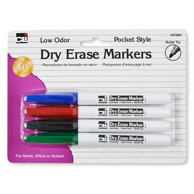 Pocket Style Dry Erase Markers, Bullet Tip, Assorted Colors, 4 Per Pack, 12 Packs
