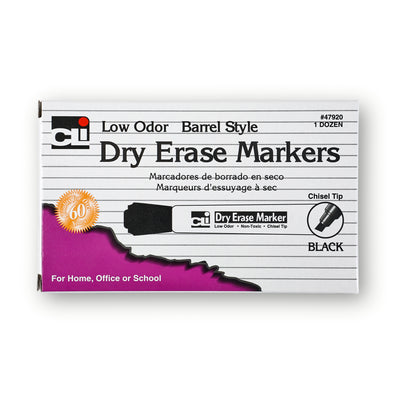 Dry Erase Markers, Barrel Style, Chisel Tip, Black, 12 Per Pack, 3 Packs