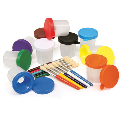 Paint Cups with Brushes, 10 Assorted Colors, 7-1-4" Brushes & 3" Dia. Cups, 20 Pieces