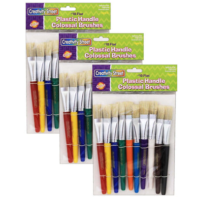 Beginner Paint Brushes, Flat Stubby Brushes, 10 Assorted Colors, 7.5" Long, 10 Per Pack, 3 Packs