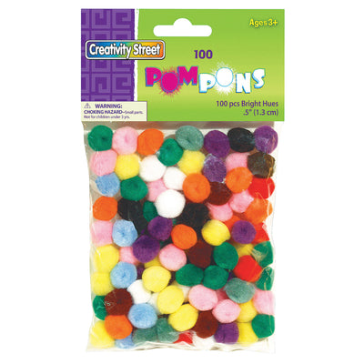 Pom Pons, Bright Hues Assortment, 0.5", 100 Pieces Per Pack, 12 Packs