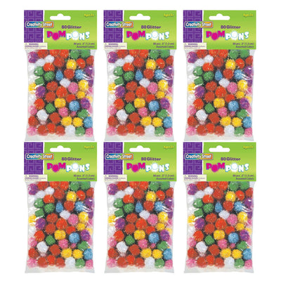 Glitter Pom Pons, Assorted Colors, 1-2", 80 Per Pack, 6 Packs