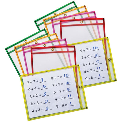 Dry Erase Pockets, 5 Assorted Neon Colors, 9" x 12", 10 Pockets Per Pack, 2 Packs