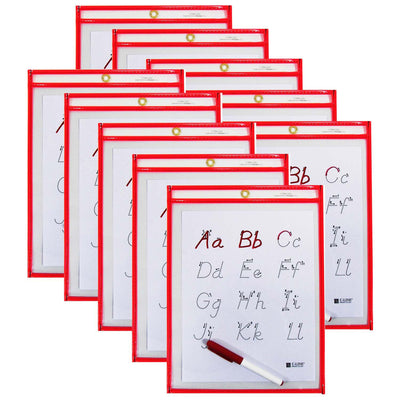 Reusable Dry Erase Pocket - Study Aid, Neon Red, 9" x 12", Pack of 10