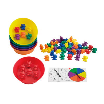 Sorting Bears with Matching Bowls - Early Math Manipulatives - 68pc Set - 60 Bear Counters, 6 Bowls & 2 Game Spinners - Home Learning