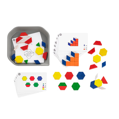 FunPlay Pattern Blocks - Homeschool Kit for Kids - Set of 60 Wooden Math Manipulatives + 50 Activities + Messy Tray