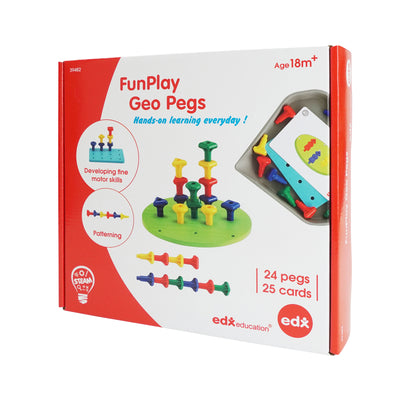 FunPlay Geo Pegs - Homeschool Kit for Toddlers - 18m+ - 24 Plastic Pegs + 2 Pegboards + 50 Activities + Messy Tray