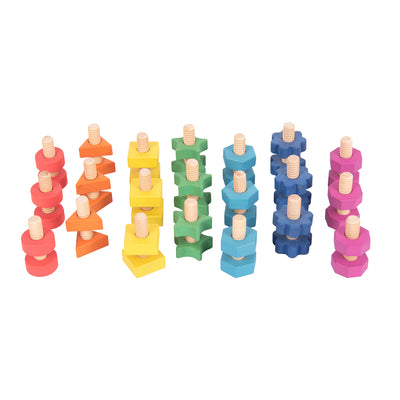 Rainbow Wooden Nuts & Bolts - Set of 21 Pairs - 7 Shapes and Colors - For Ages 12m+ - Loose Parts Wooden Toys for Toddlers and Preschoolers