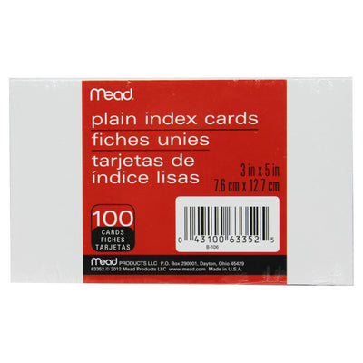 Index Cards, Plain, 3 x 5, 100 Per Pack, 12 Packs