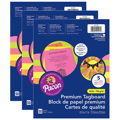 Premium Tagboard, 5 Assorted Hyper Colors, 8-1-2" x 11", 50 Sheets Per Pack, 3 Packs