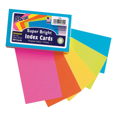 Index Cards, 5 Super Bright Assorted Colors, Unruled, 3" x 5", 100 Cards Per Pack, 6 Packs