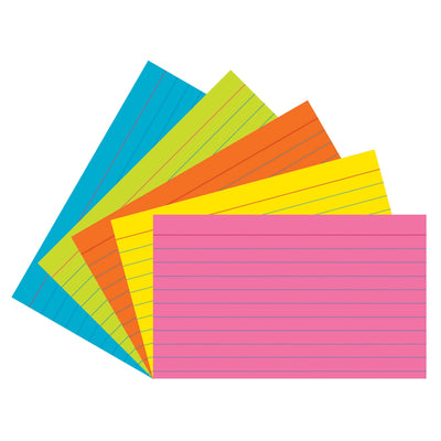 Index Cards, 5 Super Bright Assorted Colors, 0.25" Ruled, 3" x 5", 75 Cards Per Pack, 6 Packs