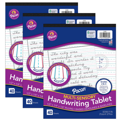 Multi-Sensory Raised Ruled Tablet, Tape-Bound Tablet, 1-2" x 1-4" x 1-4" Ruled Short, 8-1-2" x 11", 40 Sheets, Pack of 3