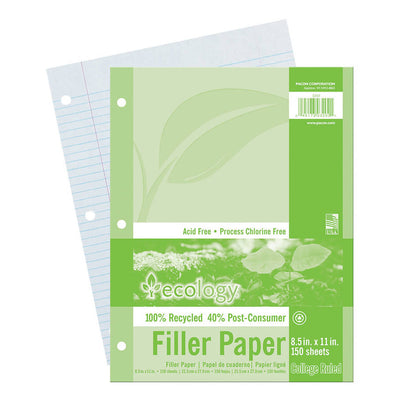 Recycled Filler Paper, White, 3-Hole Punched, 9-32" Ruled w- Margin 8-1-2" x 11", 150 Sheets Per Pack, 6 Packs