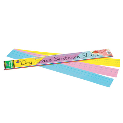 Dry Erase Sentence Strips, 3 Assorted Colors, 1-1-2" X 3-4" Ruled, 3" x 24", 30 Per Pack, 3 Packs