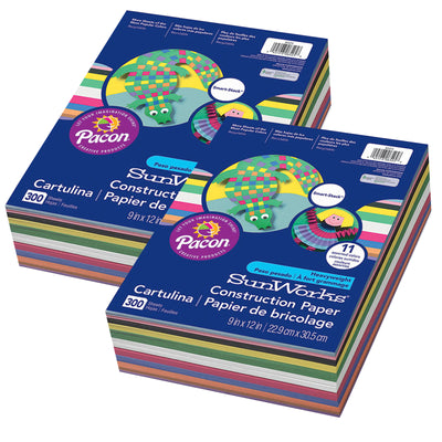 Construction Paper, 11 Assorted Colors, 9" x 12", 300 Sheets Per Pack, 2 Packs
