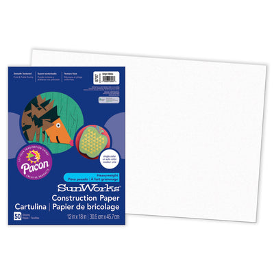 Construction Paper, Bright White, 12" x 18", 50 Sheets Per Pack, 5 Packs