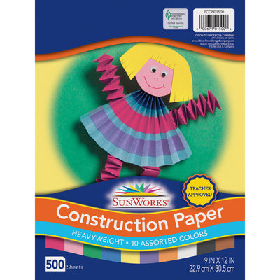 Construction Paper, 10 Assorted Colors, 9" x 12", 500 Sheets