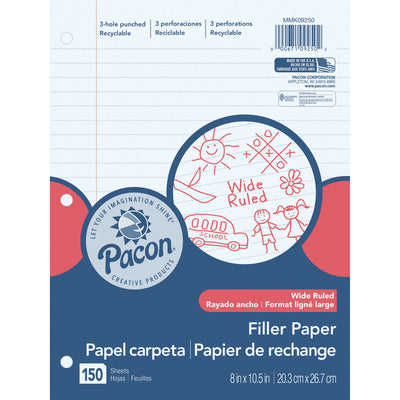 Filler Paper, White, 3-Hole Punched, Red Margin, 3-8" Ruled, 8" x 10-1-2", 150 Sheets Per Pack, 6 Packs