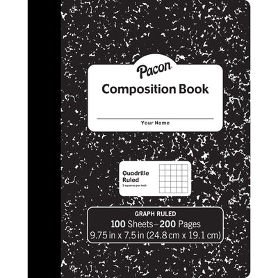 Composition Book, Black Marble, 1-5" Quadrille Ruled, 9-3-4" x 7-1-2", 100 Sheets, Pack of 6