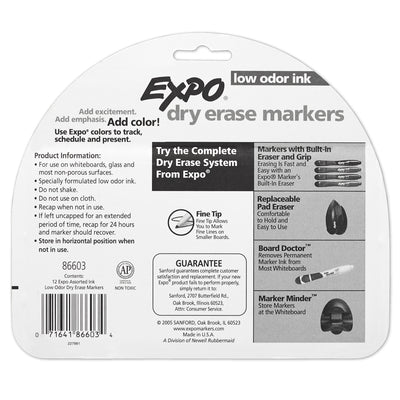 Low Odor Dry Erase Marker, Fine Point, Assorted, Pack of 12