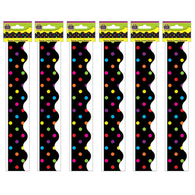 Multicolor Dots on Black Scalloped Border Trim, 35 Feet Per Pack, 6 Packs