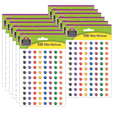 Colorful Paw Prints Mini Stickers, 3-8"Dia, 528 Per Pack, 12 Packs