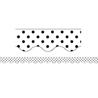 Black Polka Dots on White Scalloped Border Trim, 35 Feet Per Pack, 6 Packs