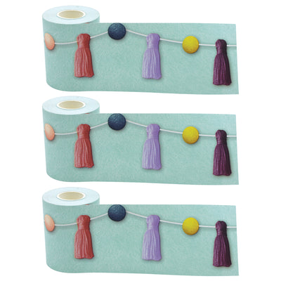 Oh Happy Day Pom-Poms and Tassels Straight Rolled Border Trim, 50 Feet Per Roll, Pack of 3