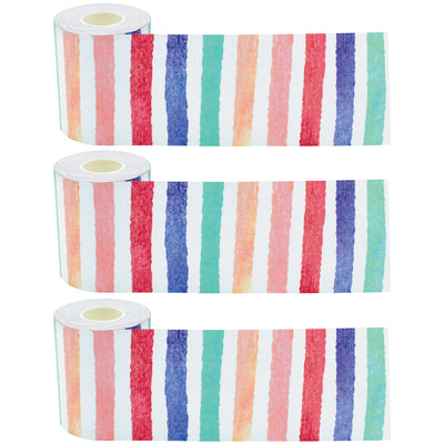 Watercolor Stripes Straight Rolled Border Trim, 50 Feet Per Roll, Pack of 3