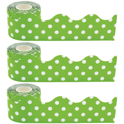 Lime Polka Dots Scalloped Rolled Border Trim, 50 Feet Per Roll, Pack of 3