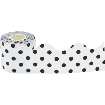 Black Polka Dots on White Scalloped Rolled Border Trim, 50 Feet Per Roll, Pack of 3